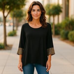 Chico's Travelers Womens Tunic Vivacious Black Gold Sequined Cuff 3 XL 16